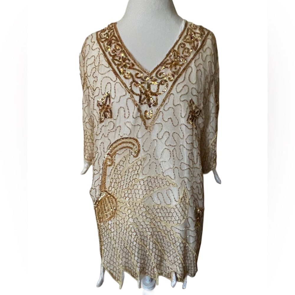 VINTAGE Tan-Chho Beaded Silk gold and cream Tunic